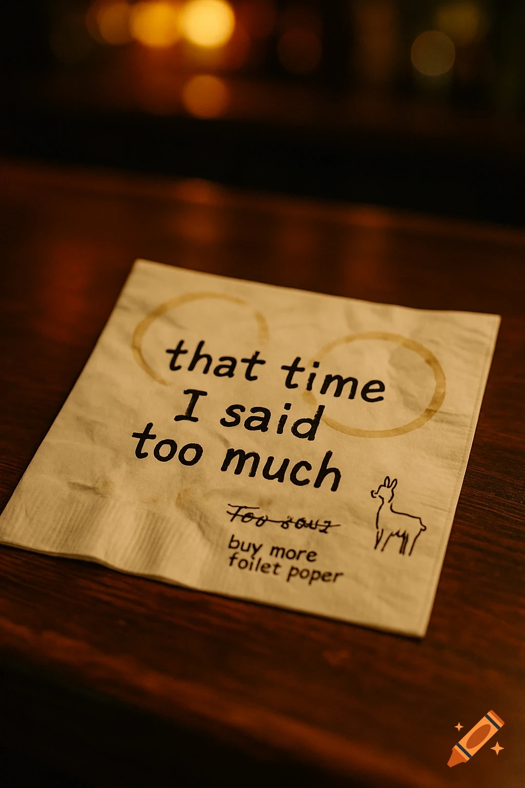 A creased bar napkin with 'that time I said too much', 'buy more foilet poper', drink rings, and a llama doodle on a dark wooden bar.