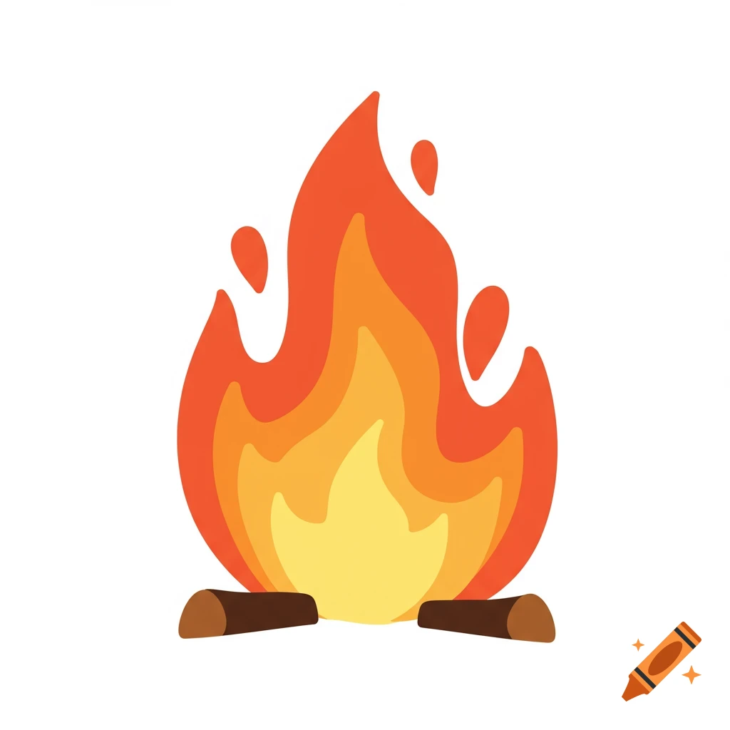 A simple, stylized illustration of a campfire with orange, yellow, and red flames rising above two brown logs.