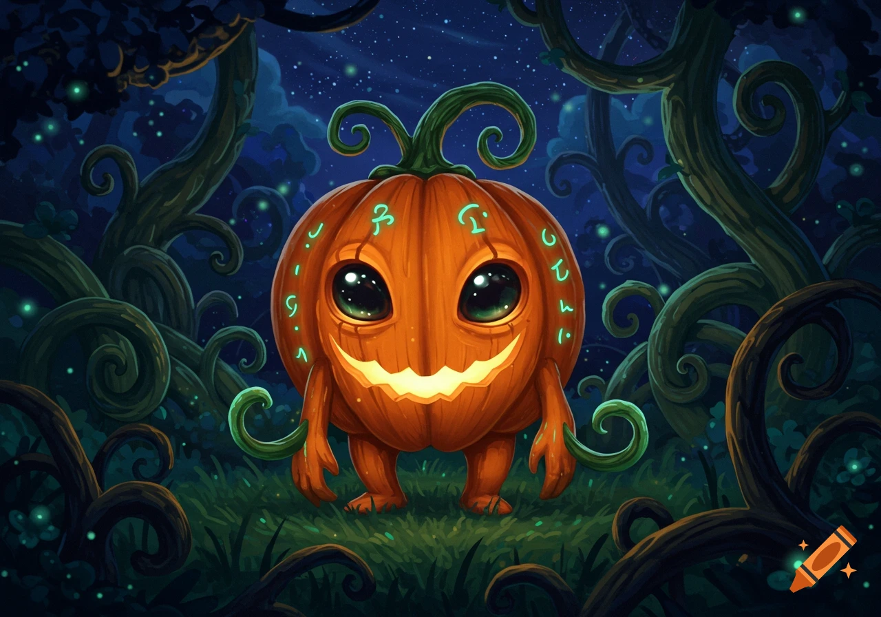 A cute, glowing pumpkin creature with big eyes and a smile stands in a whimsical, dark forest with glowing plants at night.