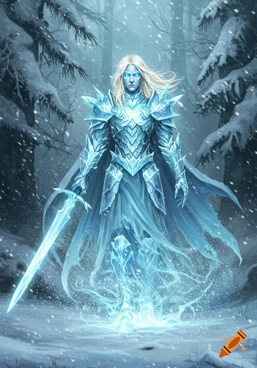 A blond ice paladin with glowing blue eyes and icy armor stands in a snowy forest, holding a glowing ice sword.