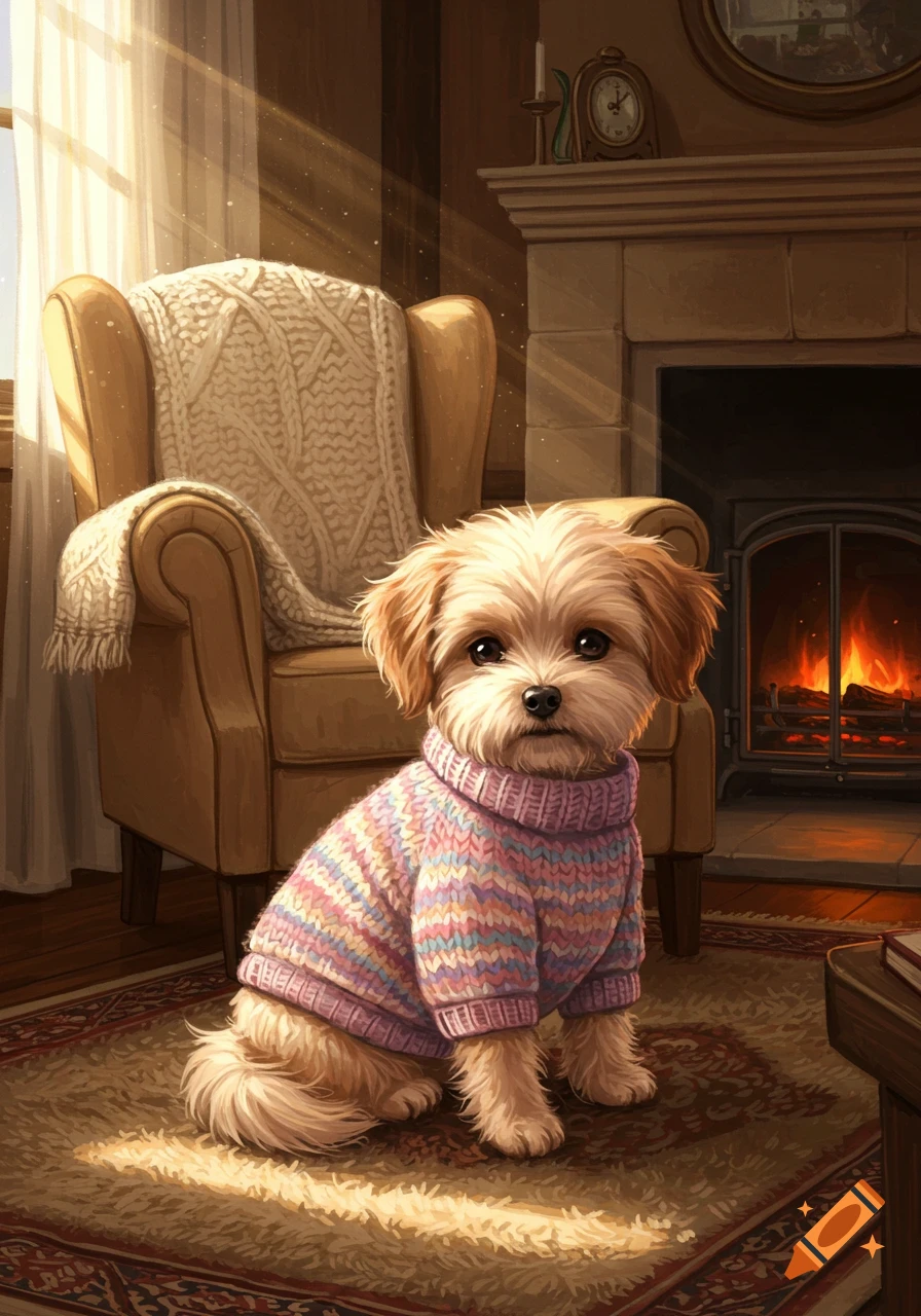 A small dog wearing a colorful striped sweater sits on a patterned rug in a sunlit room by a warm fireplace.