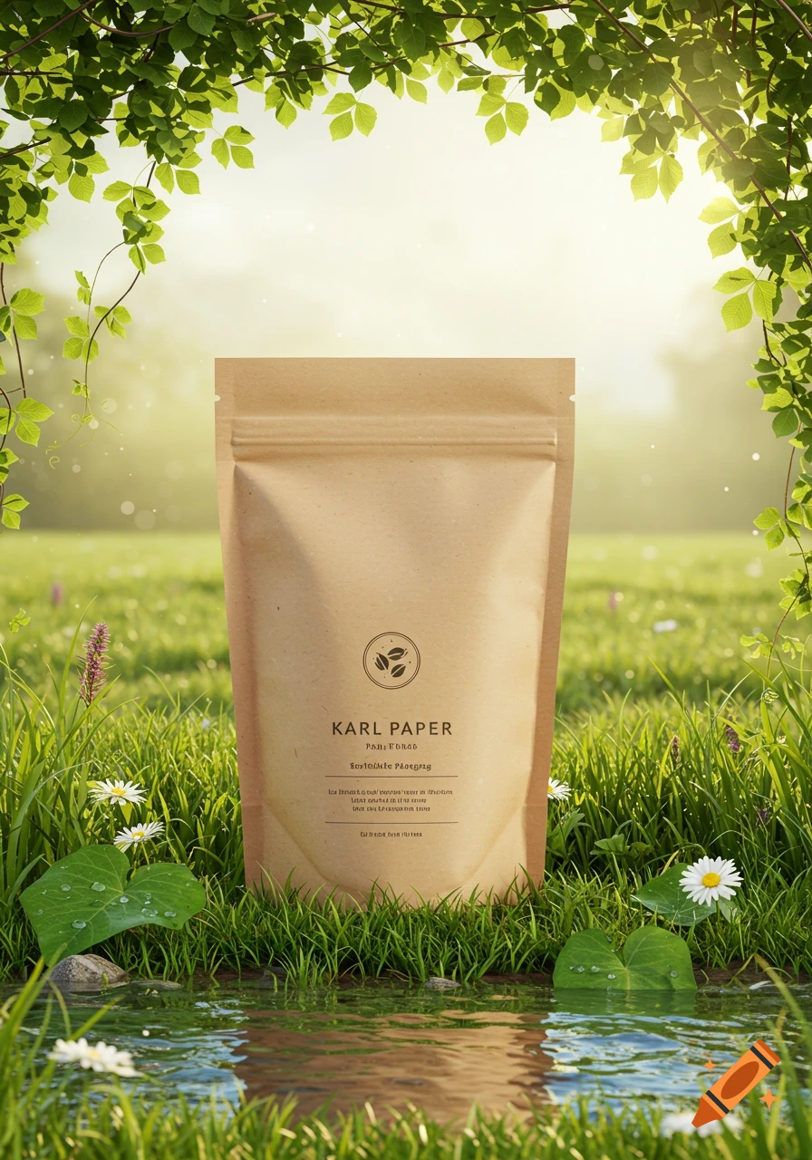 A brown kraft paper pouch stands in green grass next to a stream, surrounded by green leaves and sunlight.