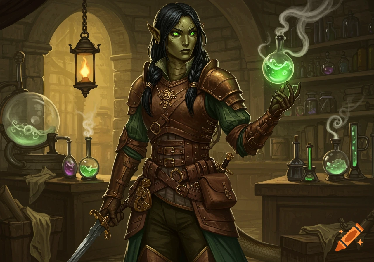 A fantasy illustration of a female Yuan-Ti alchemist in steampunk armor holding a glowing flask in a laboratory.