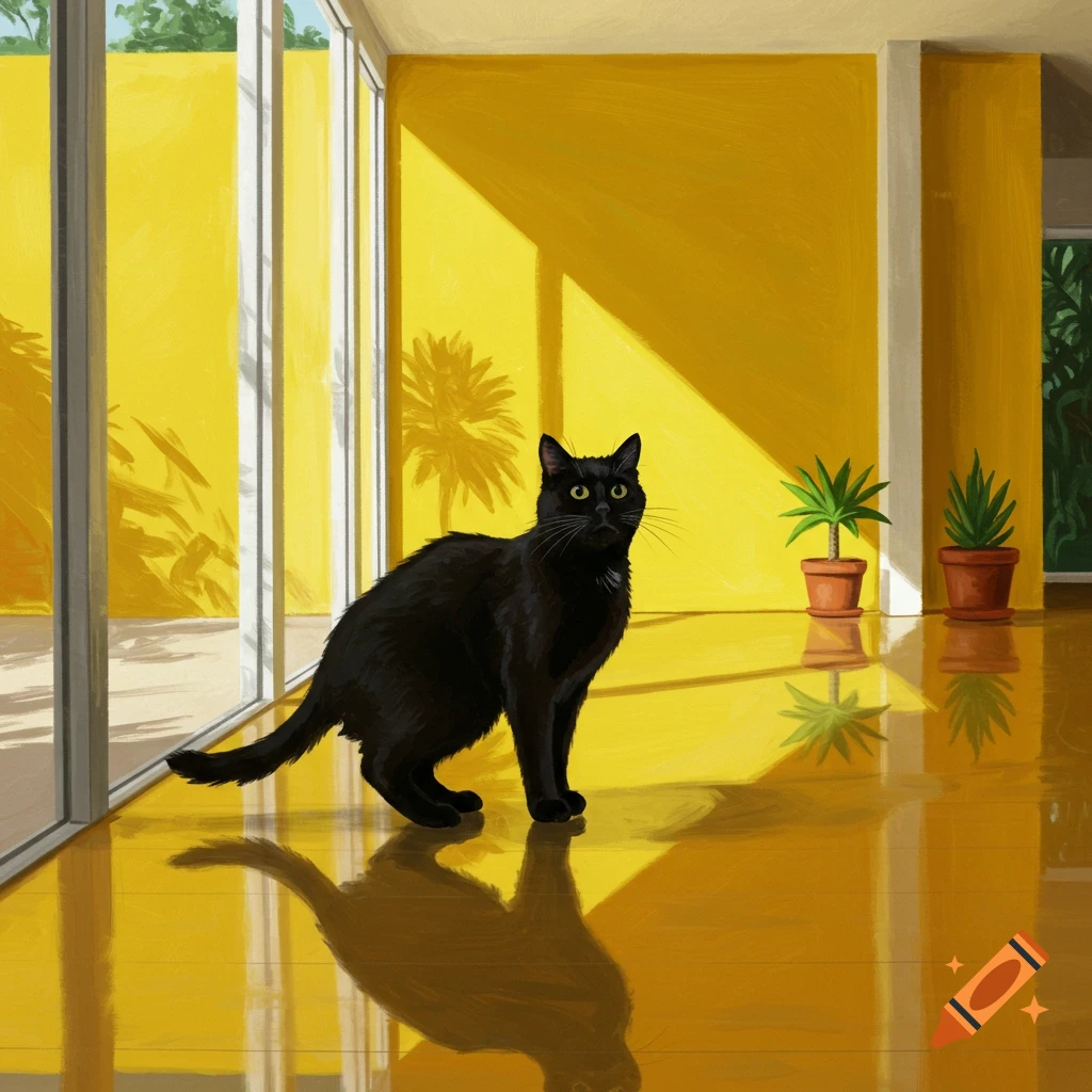 A black cat stands in a bright yellow room with large windows, reflecting on the shiny floor, in a hand-painted style.