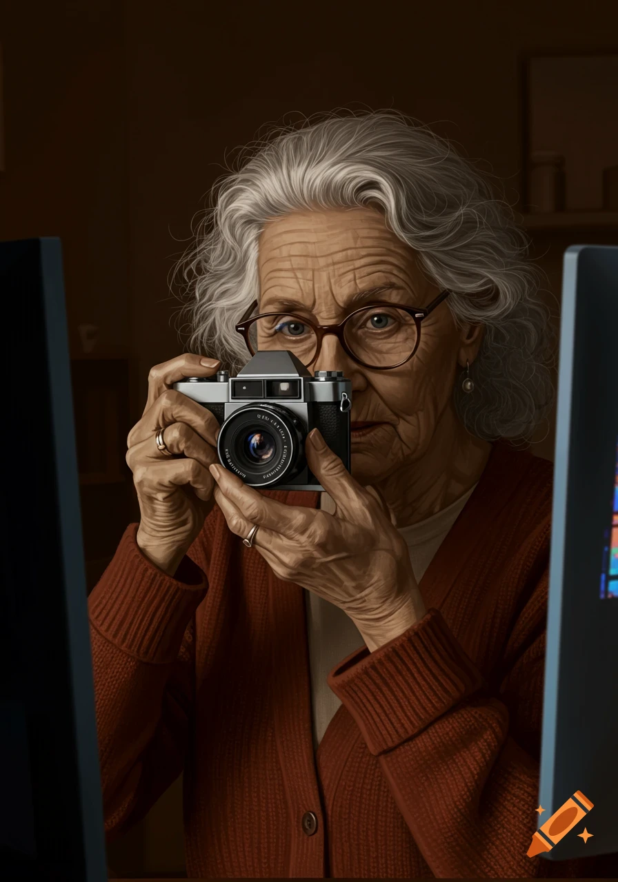 Close-up photorealistic portrait of an old woman with grey hair and glasses holding a vintage camera, looking at a computer monitor.