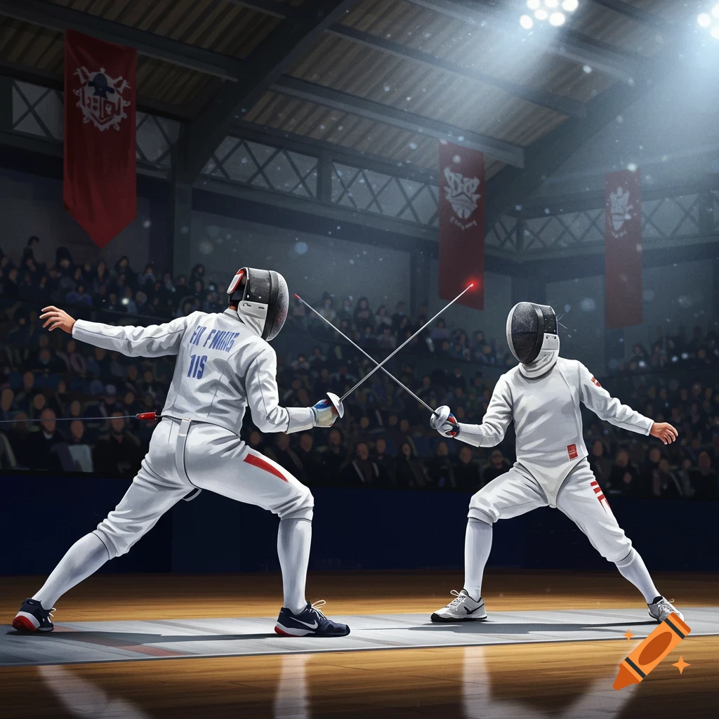 Two fencers in protective gear and white uniforms duel with foils on a wooden floor in a dimly lit arena with spectators.