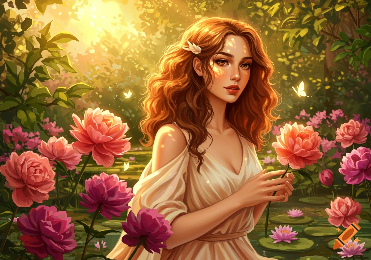 A woman with long, wavy reddish-brown hair in a white dress stands in a vibrant sunlit garden among pink and purple flowers, holding a bloom.