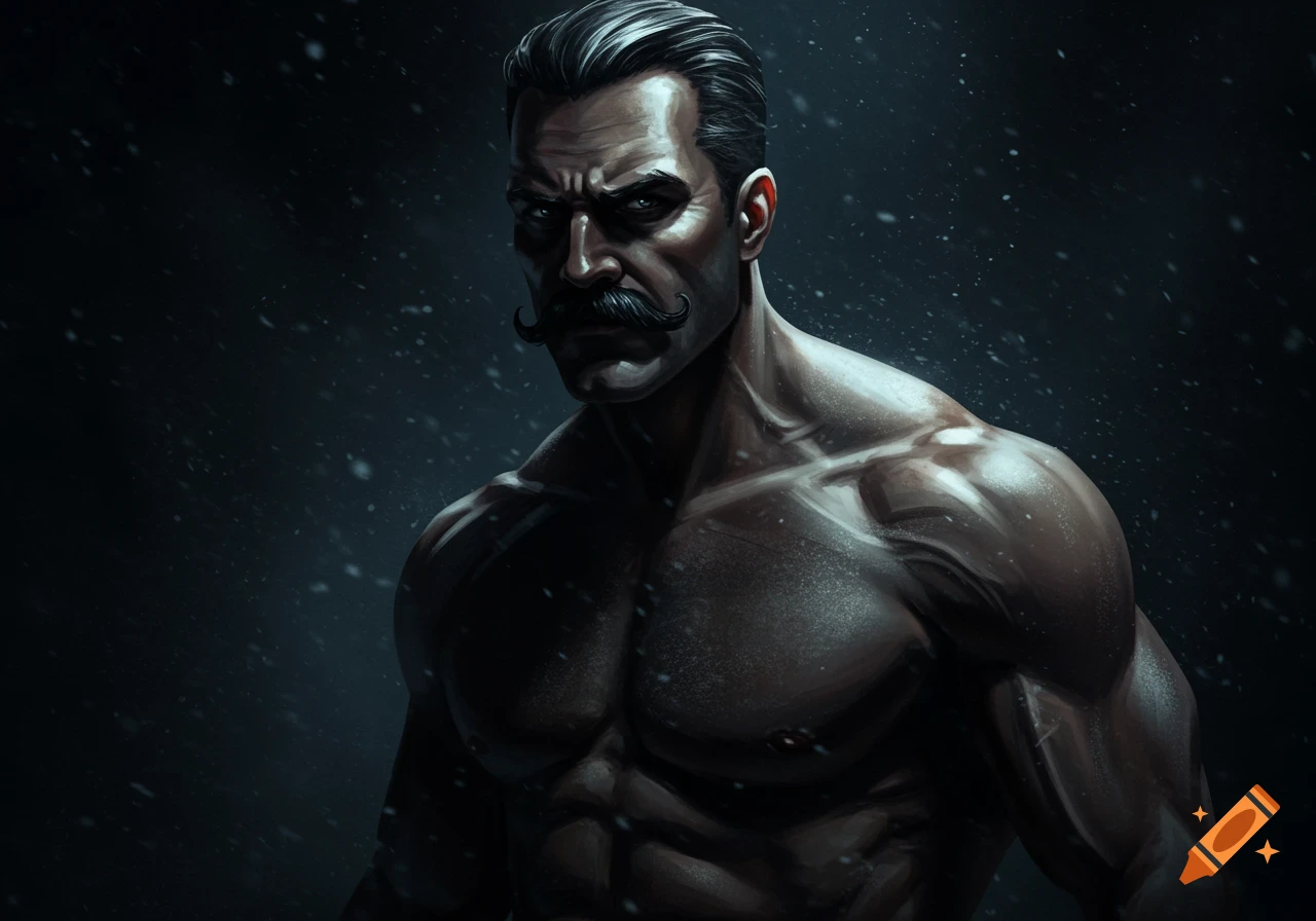 Muscular man with a handlebar mustache in a dark, dramatic setting with falling particles.