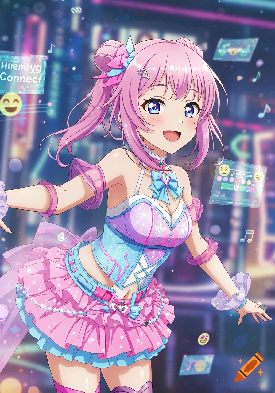 An anime girl with pink hair and a vibrant pink and blue idol costume, smiling brightly on a stage with holographic screens and sparkling lights.