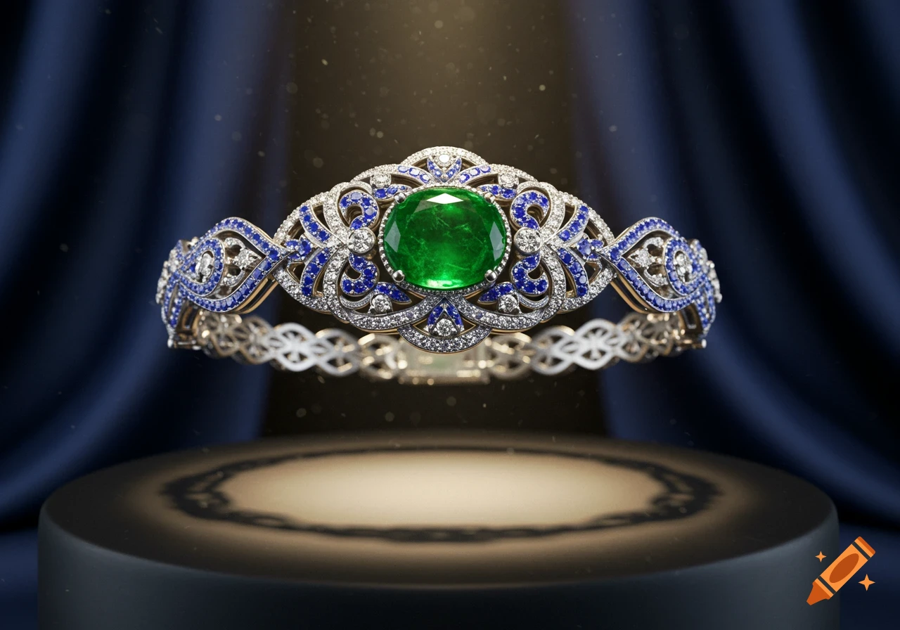 A lavish emerald, diamond, and sapphire bracelet floating above a pedestal against a dark blue draped background.