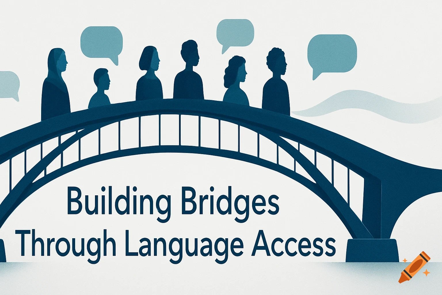 Stylized blue bridge with silhouettes of diverse people and speech bubbles, with text 'Building Bridges Through Language Access'.