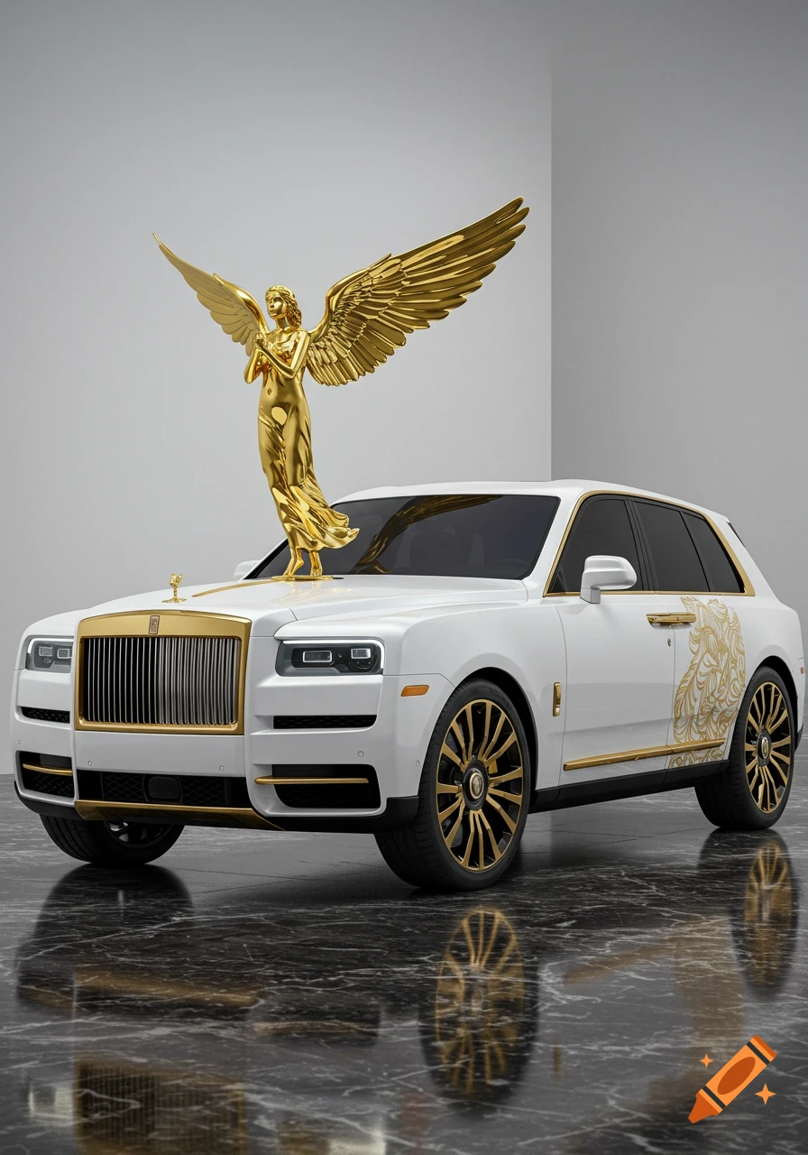 A white Rolls Royce Cullinan SUV with gold accents and a large golden angel statue on its hood, parked on a reflective black marble floor.