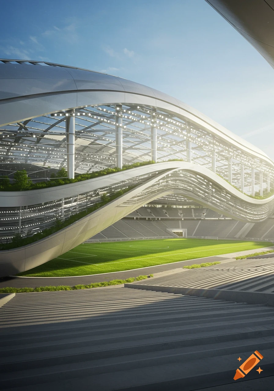 A striking photorealistic view of a modern, colossal stadium with a wavy, futuristic roof design, green field, and bright natural light.