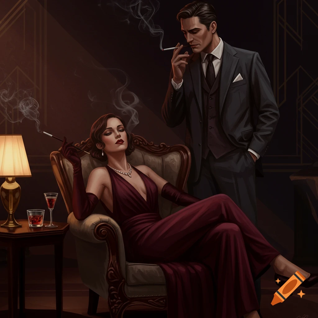 A man in a suit stands next to a woman in a red gown seated in an ornate chair, both smoking, in an Art Deco setting.