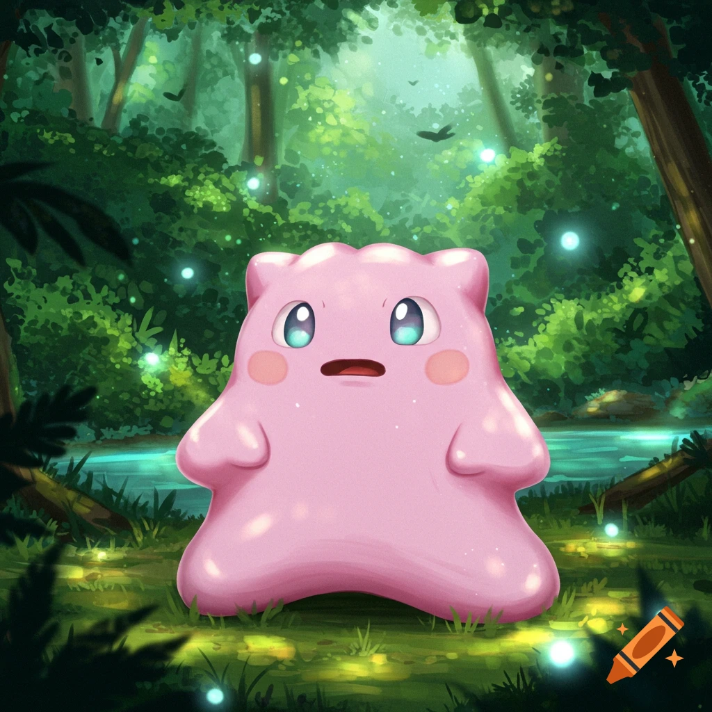 A pink Ditto with a surprised expression in a vibrant green forest with glowing fireflies and a stream.