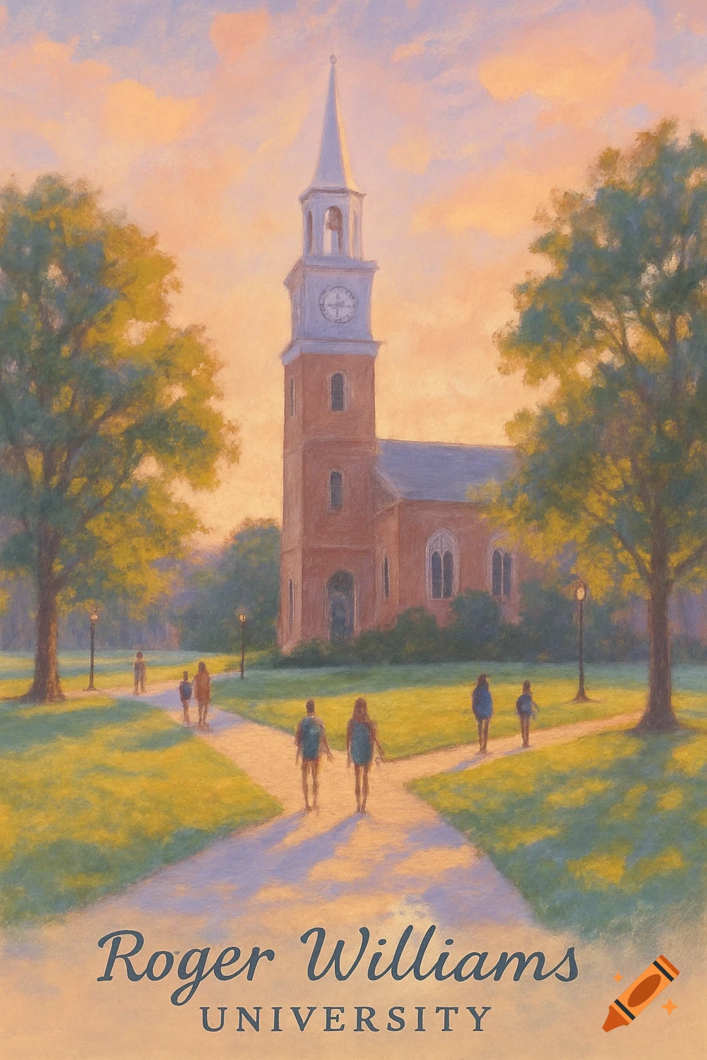 A pastel painting of the Roger Williams University campus with a prominent clock tower, students walking on winding paths, and soft lighting.