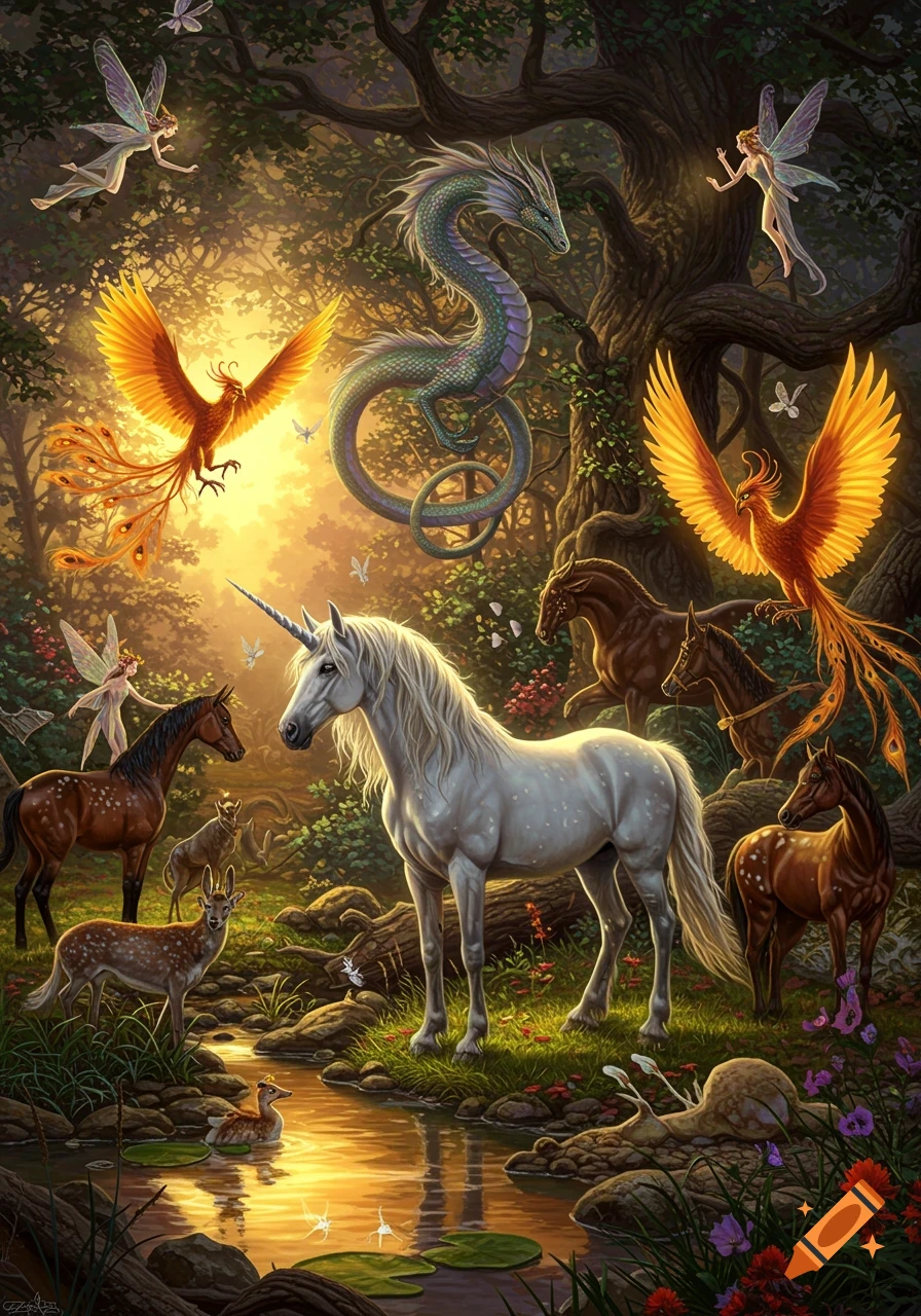 A majestic fantasy scene depicting mythical creatures in a sunlit forest, with a white unicorn, two phoenixes, a dragon, and fairies near a pond with other forest animals.
