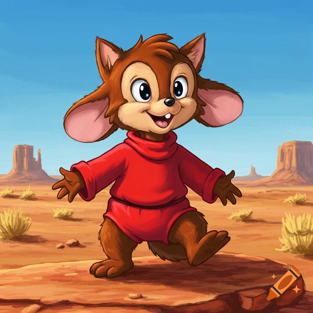 A cute cartoon mouse-like character with big ears and a red onesie stands on a rock in a sunny desert landscape.