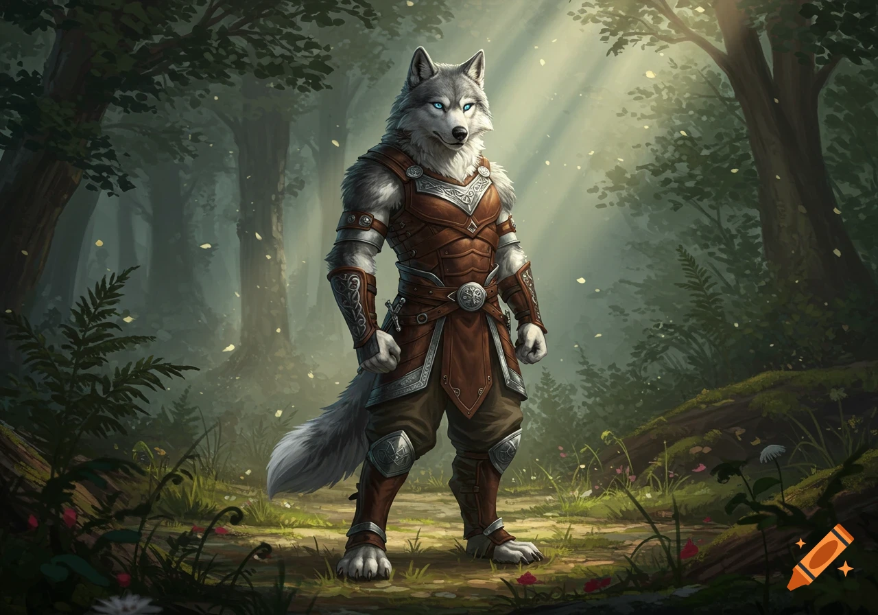An anthropomorphic grey wolf in brown leather armor stands in a sunlit forest, digital art.