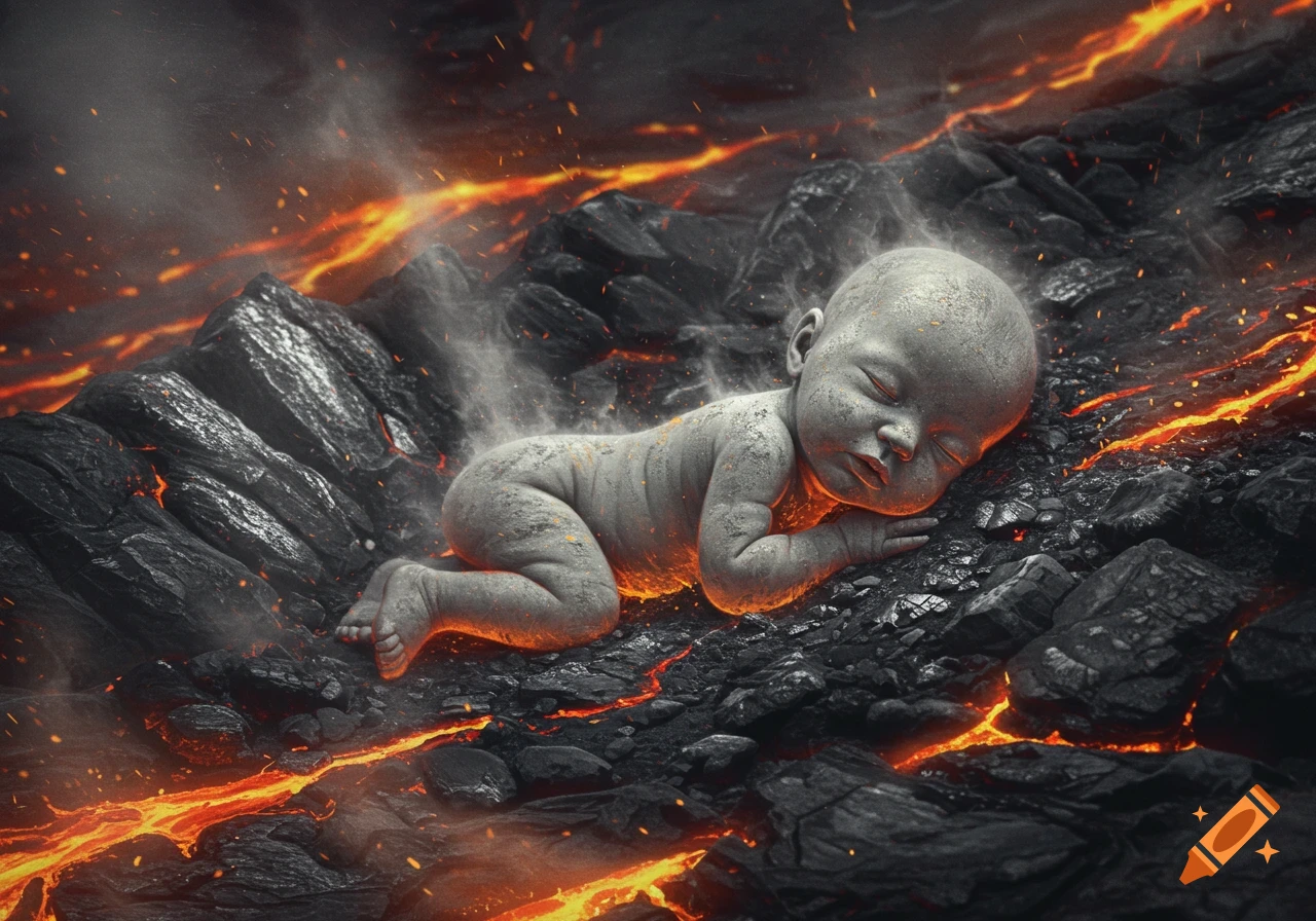 A sleeping baby covered in ash lies on dark volcanic rocks with glowing orange lava, smoke, and embers.
