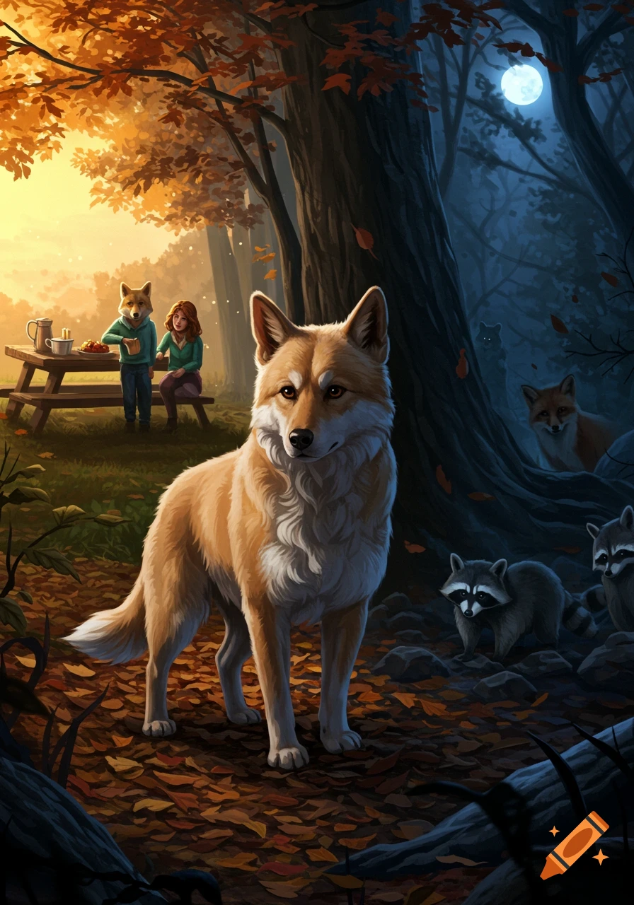 An illustrated autumn forest scene split into bright day and dark night. A golden dog stands prominently, with human-like figures picnicking on the day side and raccoons and a fox in the moonlit shadows.
