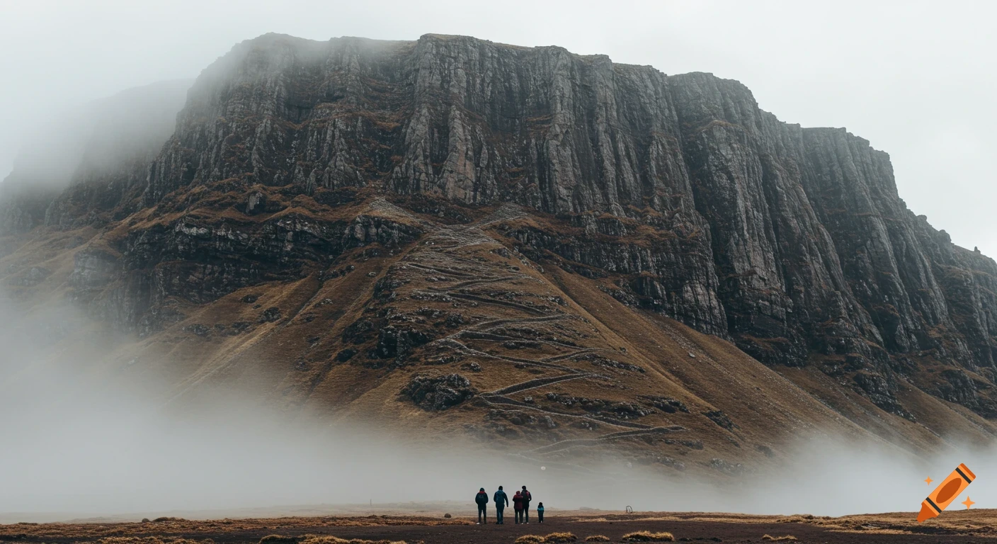 A vast, misty mountain with a zig-zag path, dwarfing a small group of hikers in the foreground. Photorealistic.