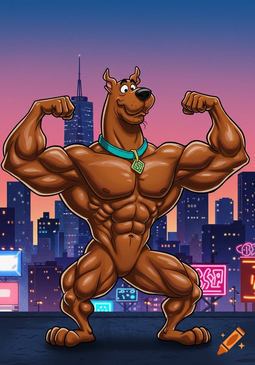 A muscular Scooby Doo flexing his biceps in a city at sunset, in a cartoon style.