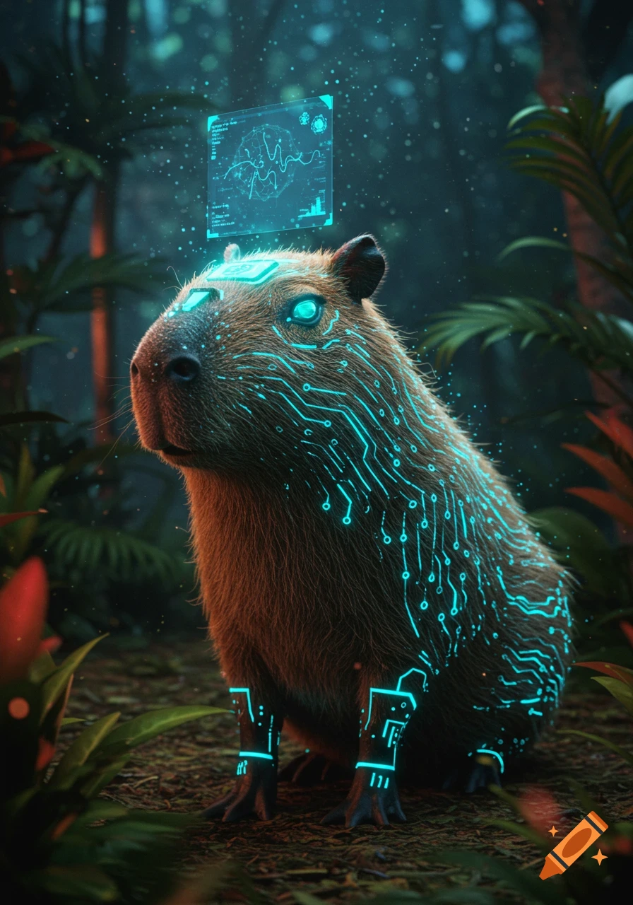 A futuristic capybara with glowing blue circuit patterns and eyes, standing in a dark, lush jungle with a holographic screen above its head.
