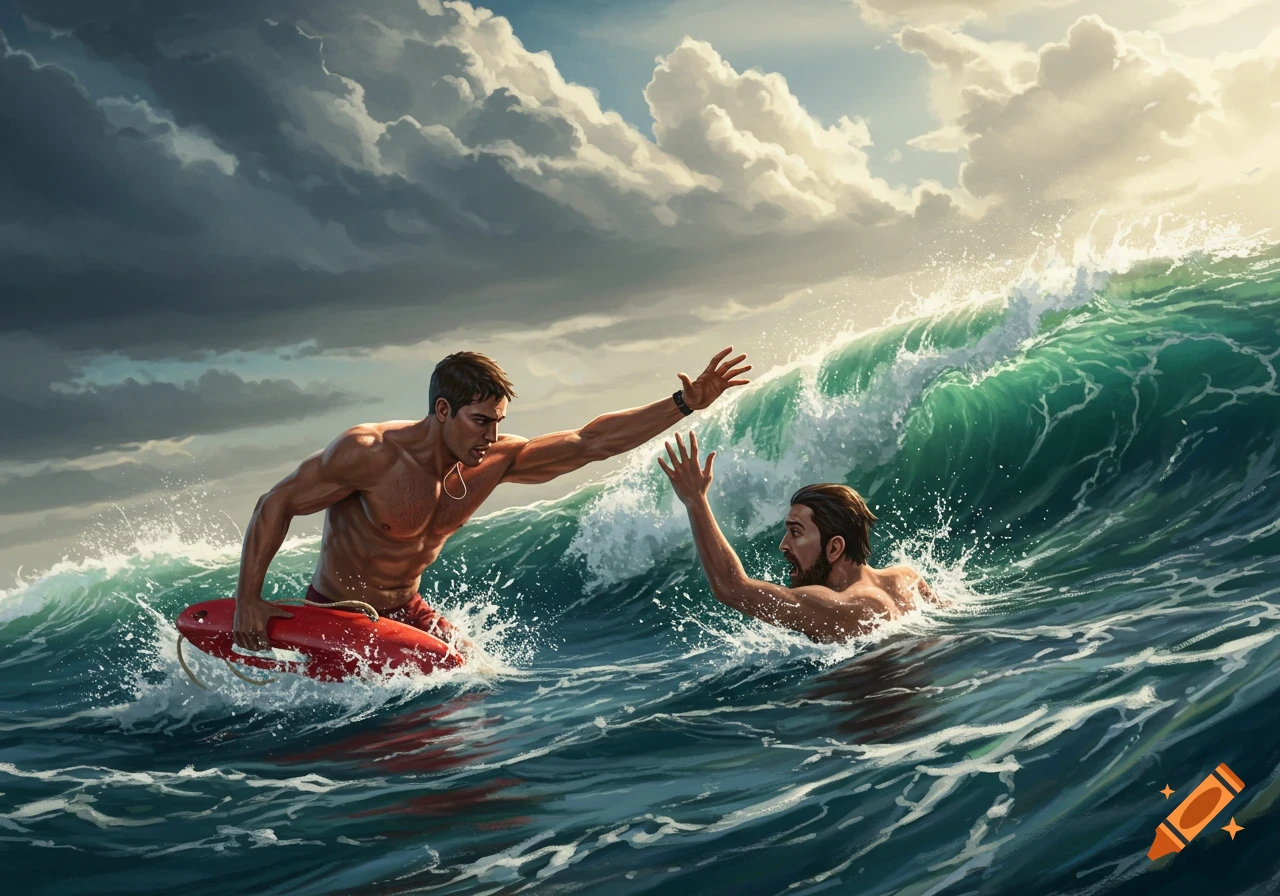 A muscular lifeguard with a red buoy extends his hand to a drowning man in rough, stormy ocean waves.