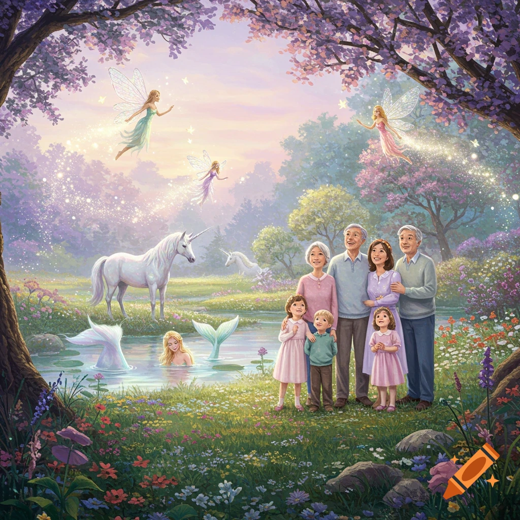 A family stands by a pond in an enchanted forest with flying fairies, grazing unicorns, and mermaids in the water, in a whimsical painting style.