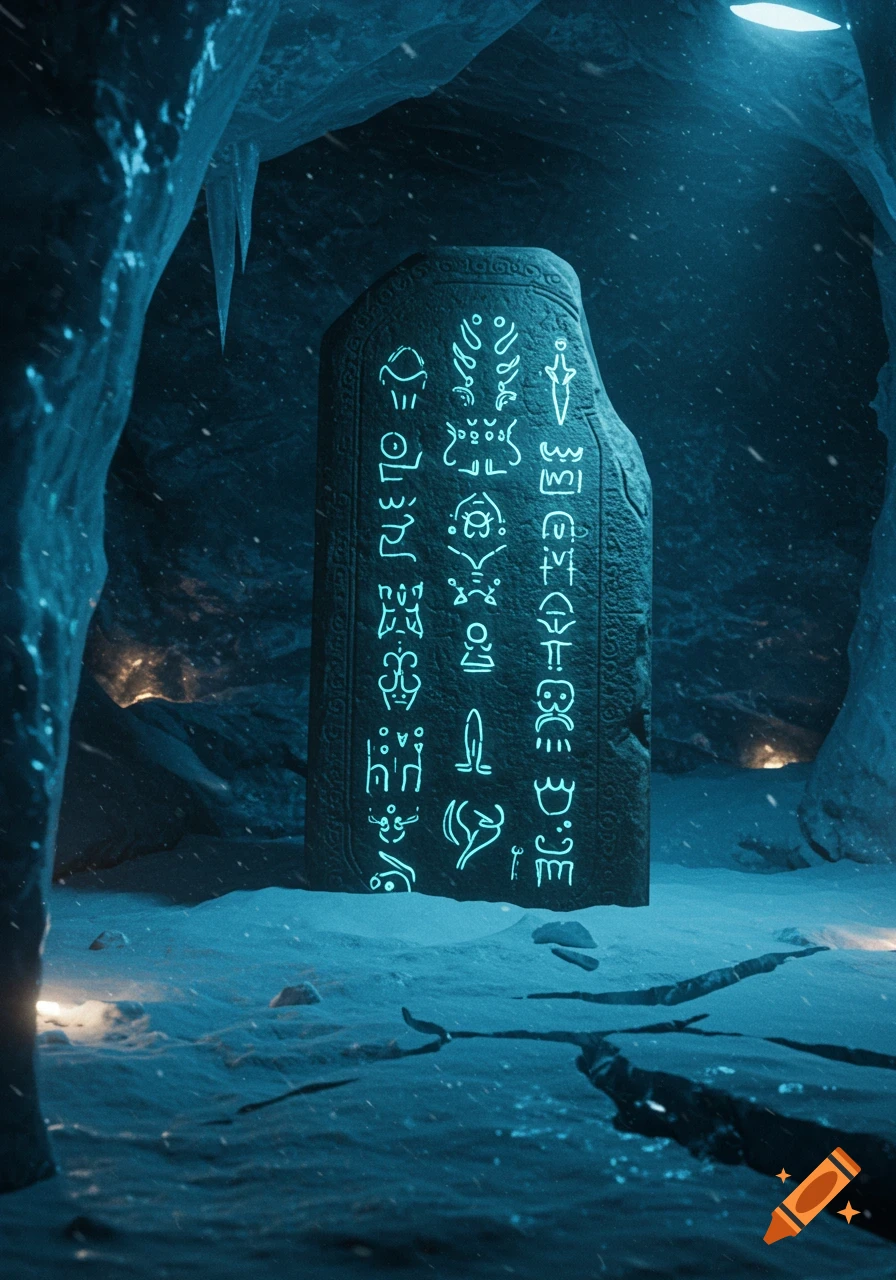 Ancient stone tablet with glowing alien symbols in an icy blue cave with falling snow.