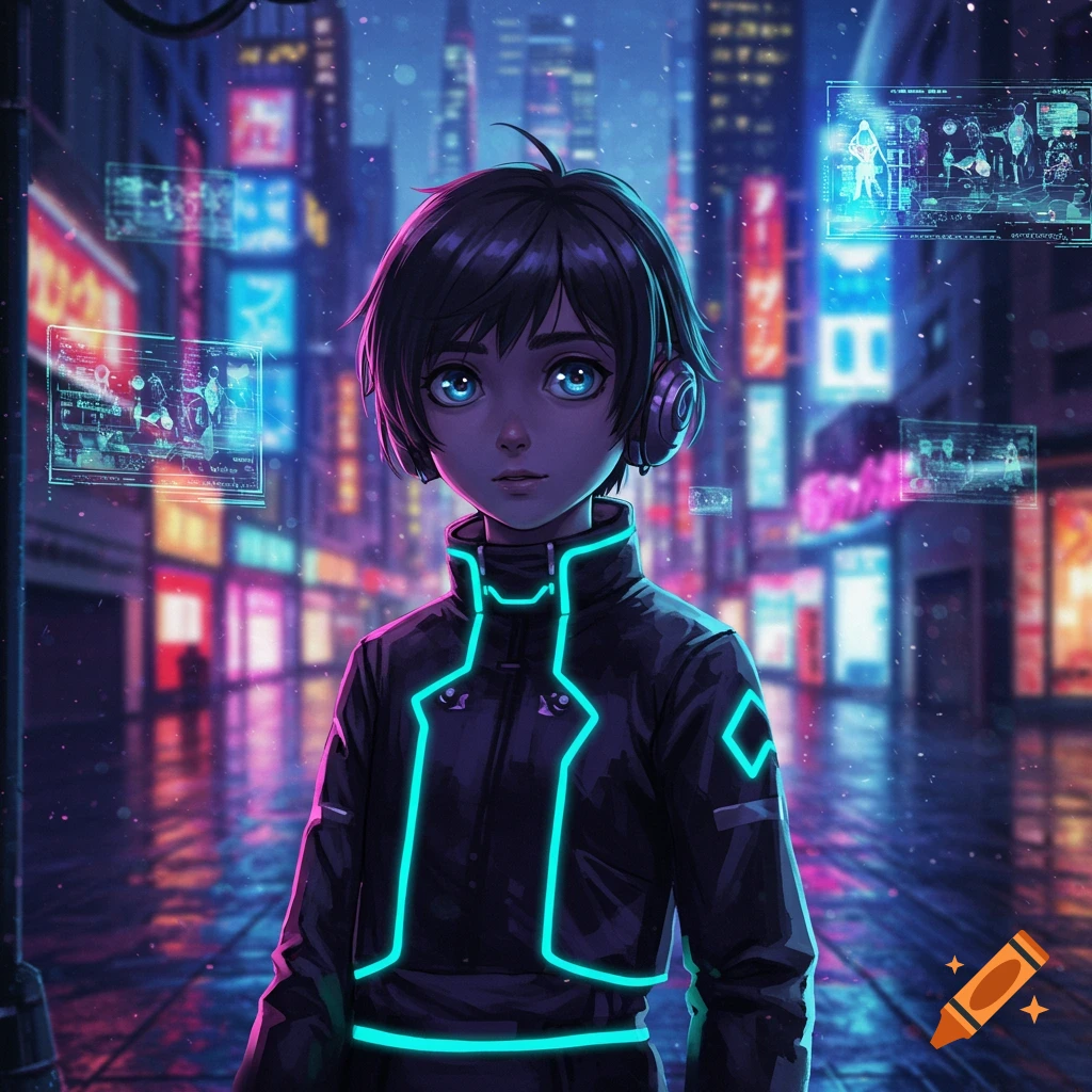 An anime-style character wearing headphones and a glowing jacket stands in a futuristic city with neon lights and holographic screens.