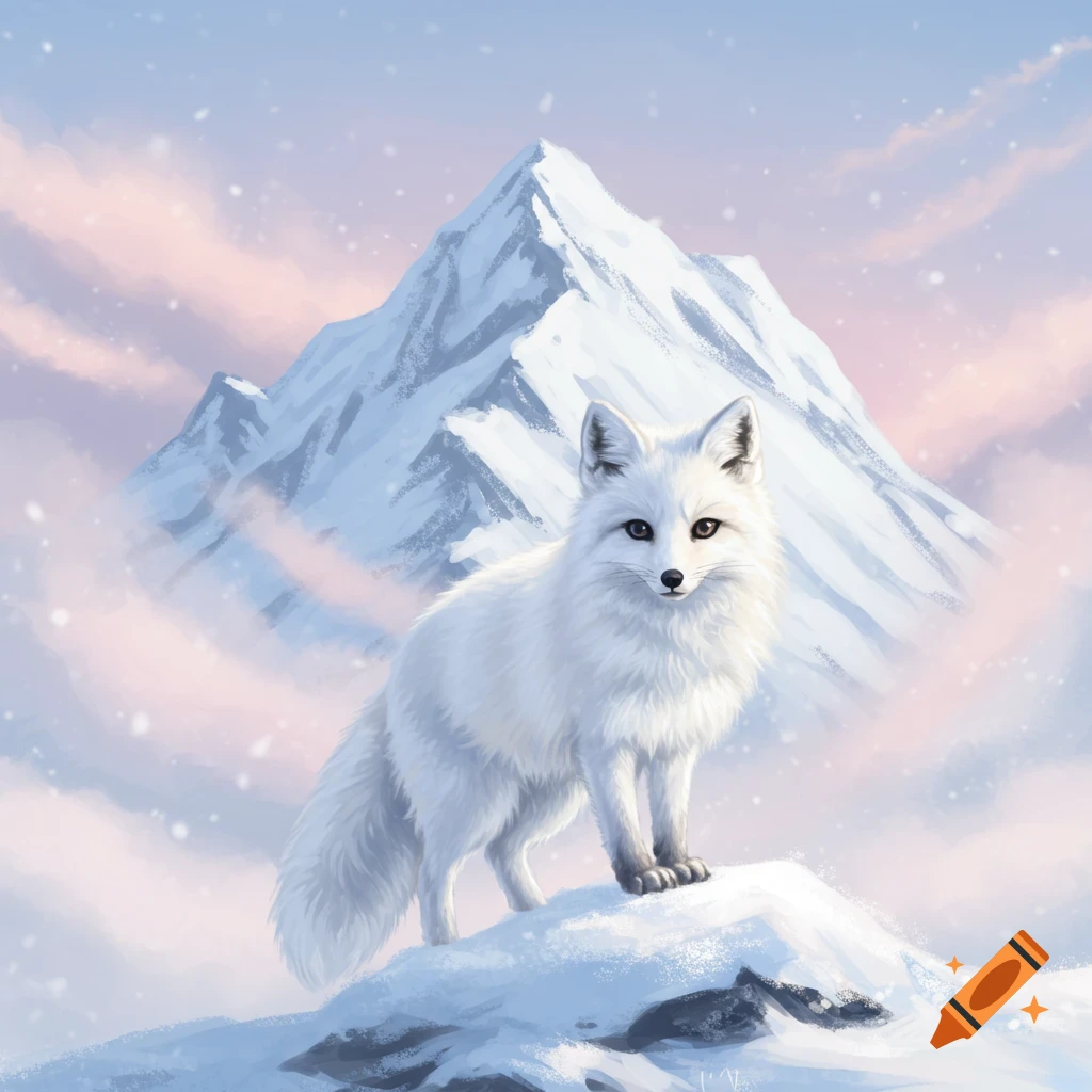 A white arctic fox stands on a snowy mountain peak with a large mountain range and pink sky in the background.