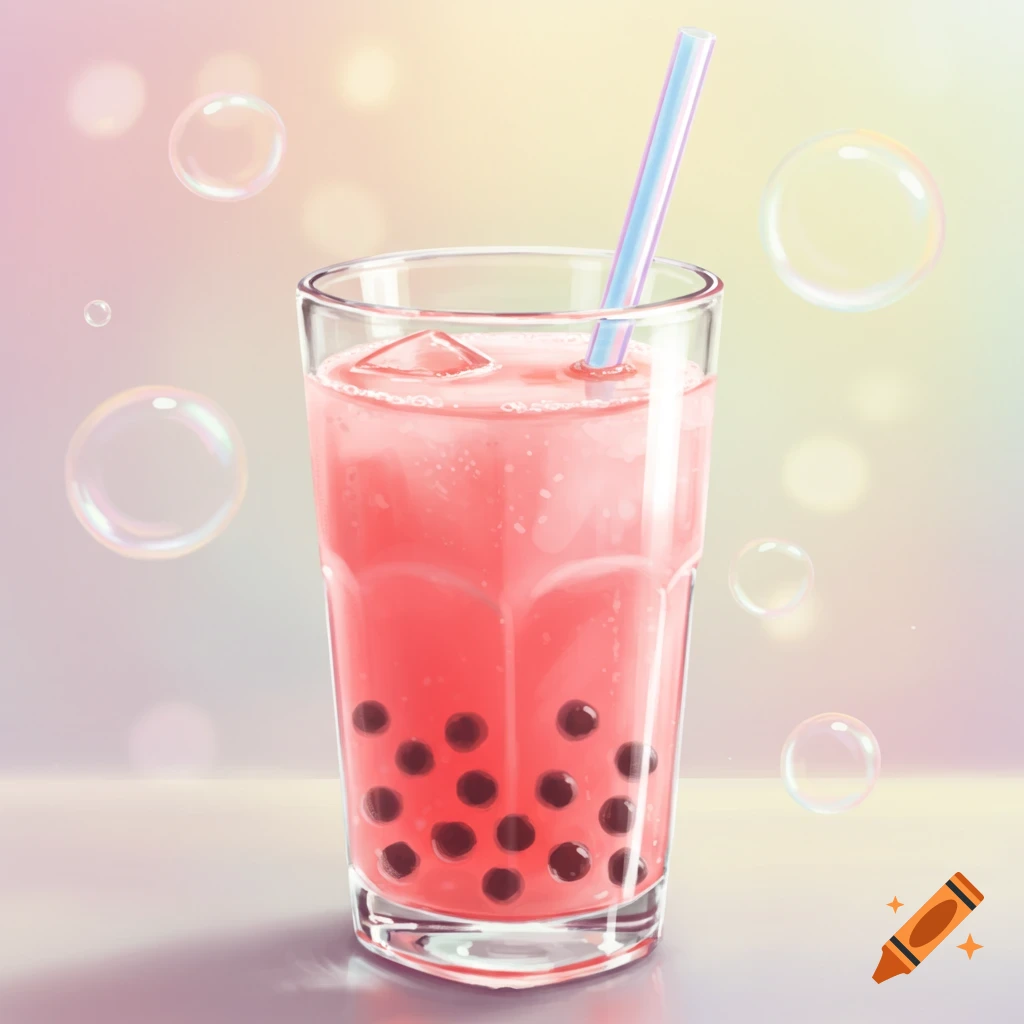 A glass of pink boba tea with a straw and floating bubbles on a colorful pastel background.