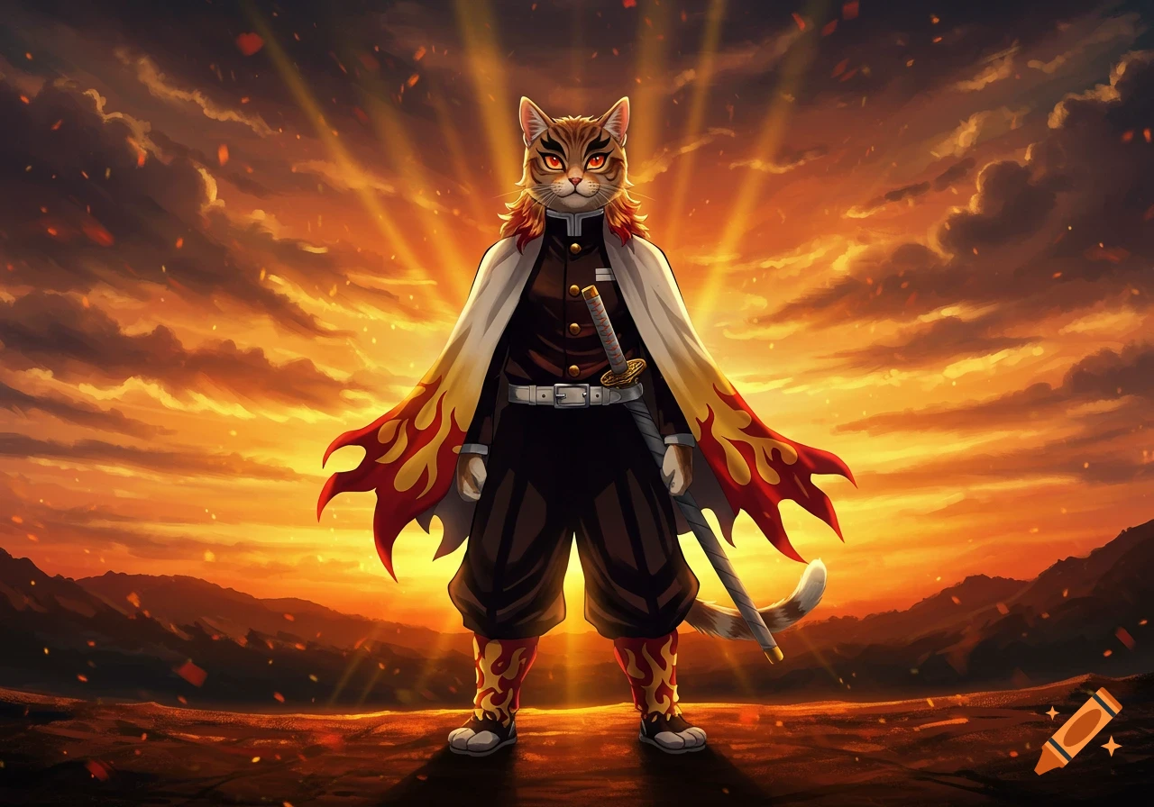 Anime style illustration of a cat-humanoid character in a black uniform and a flame-patterned cape, holding a sword against an orange sunset background.
