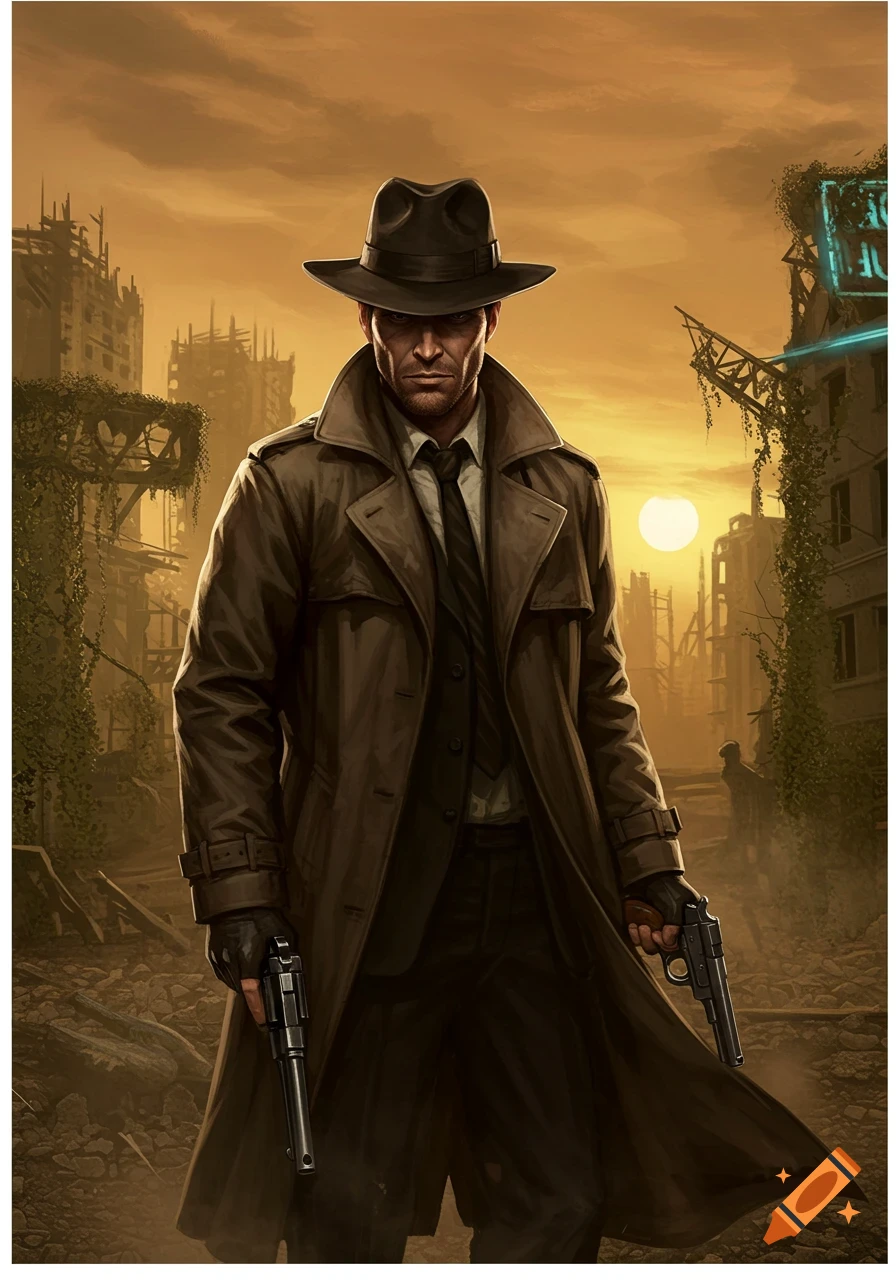 A man in a trench coat and fedora holding two pistols, standing in a desolate, post-apocalyptic city at sunset.