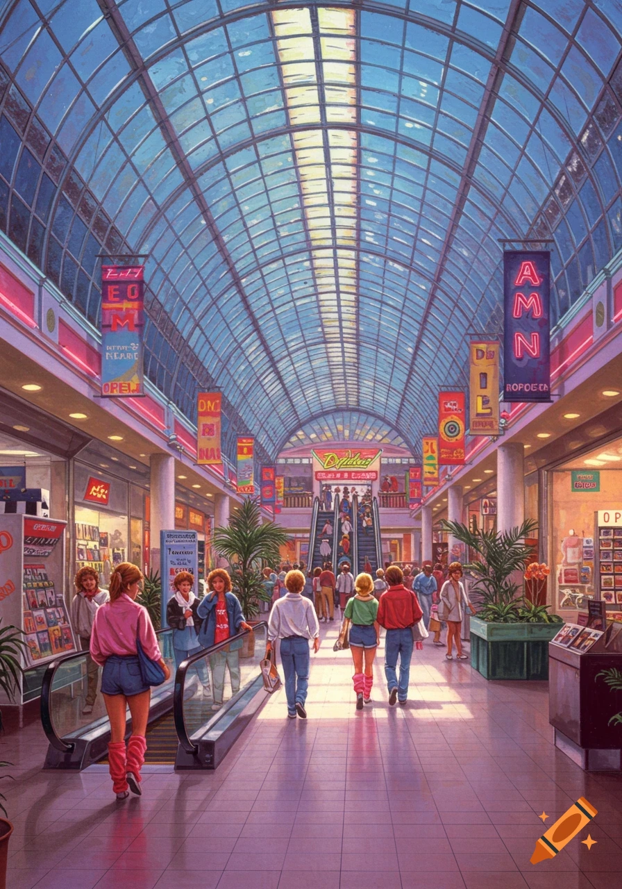 A vibrant 80s style painting of people walking through a large shopping mall with a glass arched ceiling and bright signs.