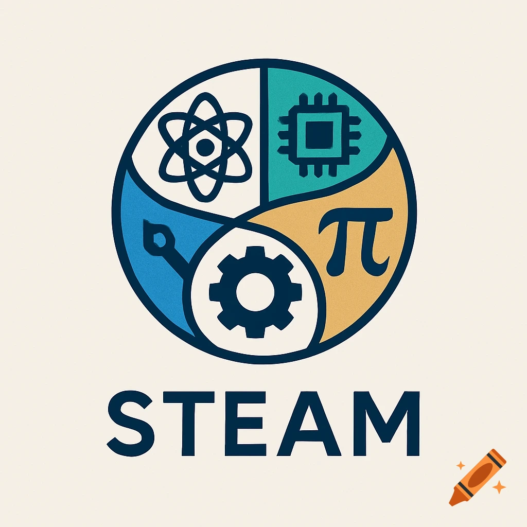 A colorful circular logo with symbols for science, technology, art, and engineering, above the word STEAM.