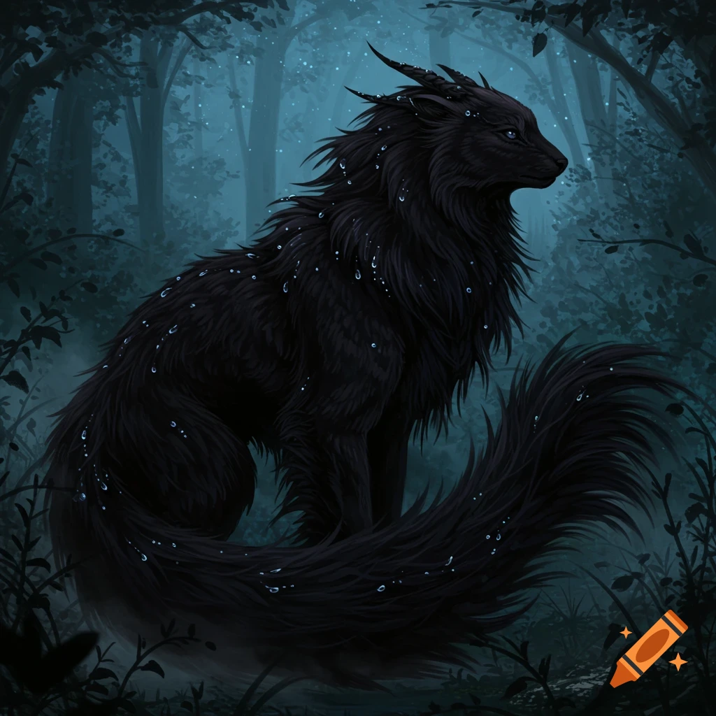 A dark, furry fantasy creature with subtle horns and water droplets on its fur sits in a misty forest.
