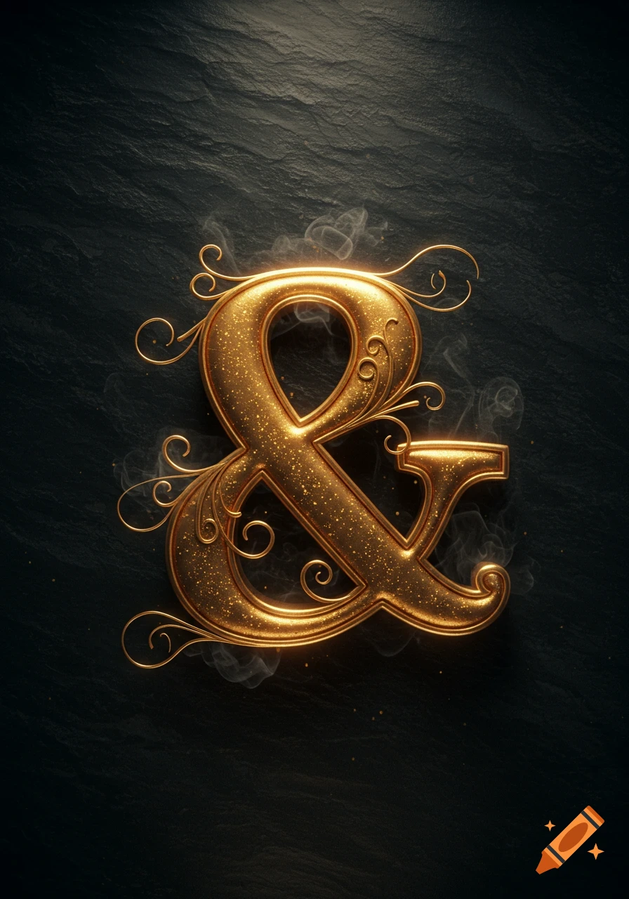 An ornate golden ampersand symbol with sparkling texture and decorative swirls on a dark, textured background.