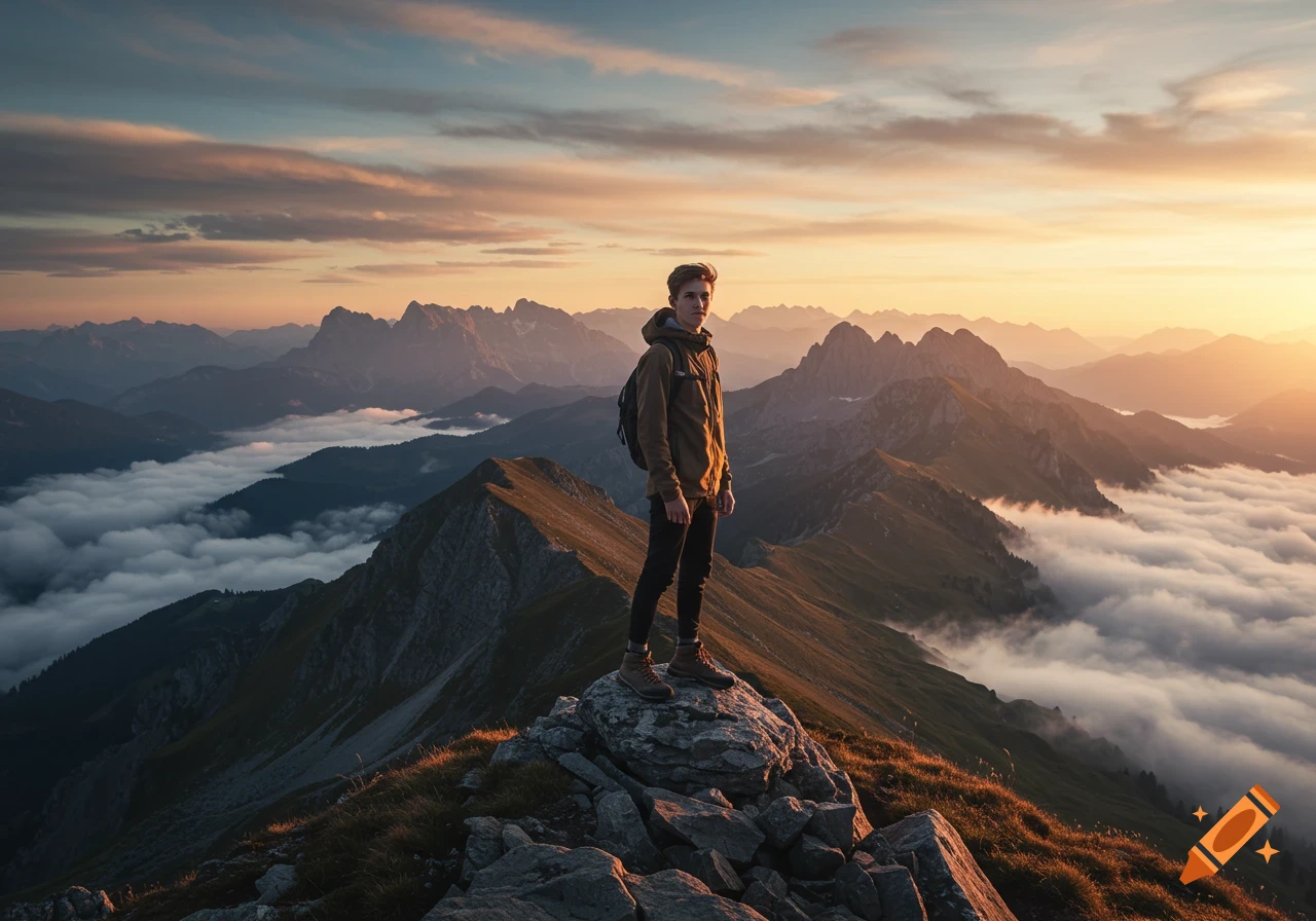 A young man stands on a rocky mountain peak overlooking a vast, cloud-filled mountain range at sunset, photorealistic.