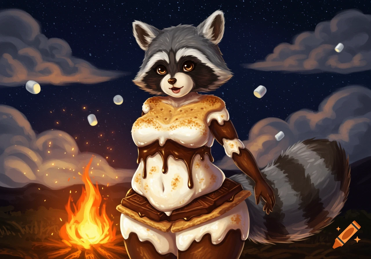 A female s'mores character with raccoon ears and tail stands by a campfire at night, with marshmallows floating around.