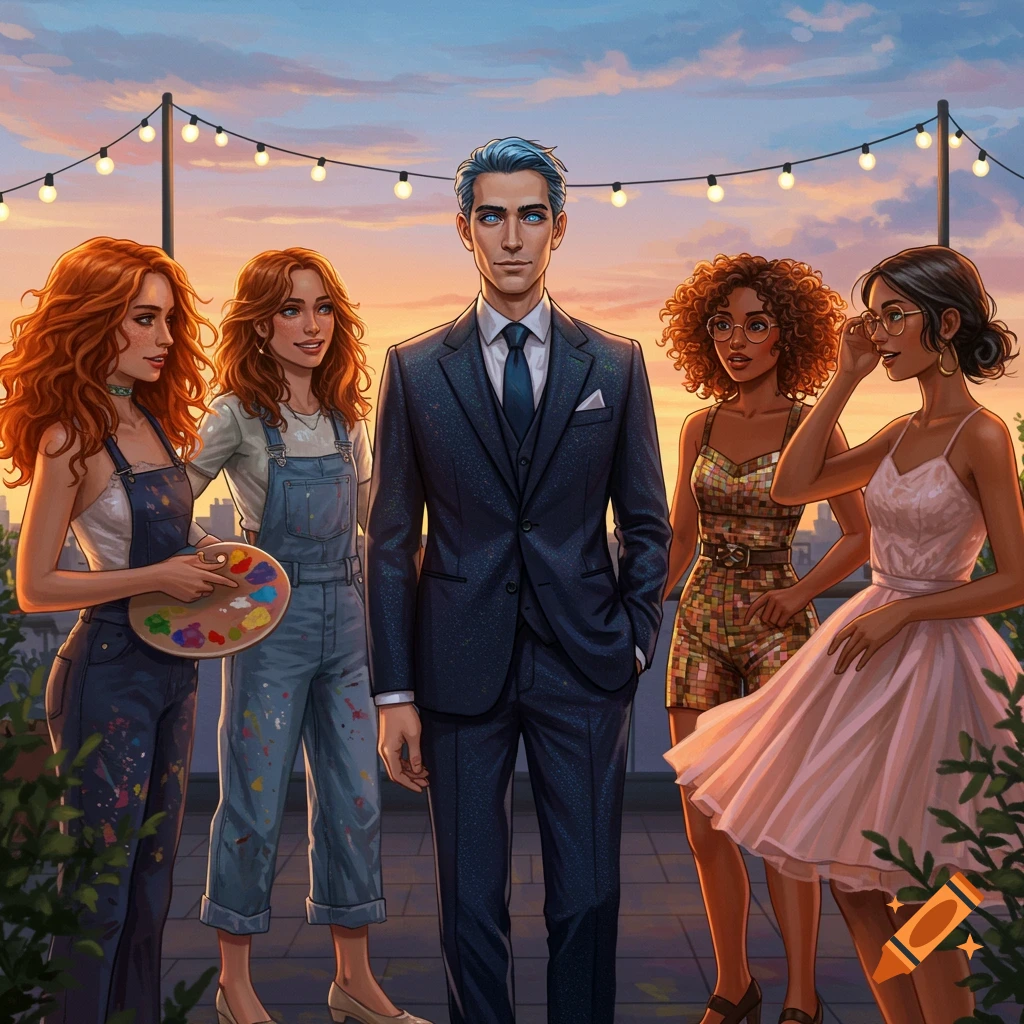 A stylized illustration of a man with blue hair and glowing eyes standing among four women on a rooftop at sunset.