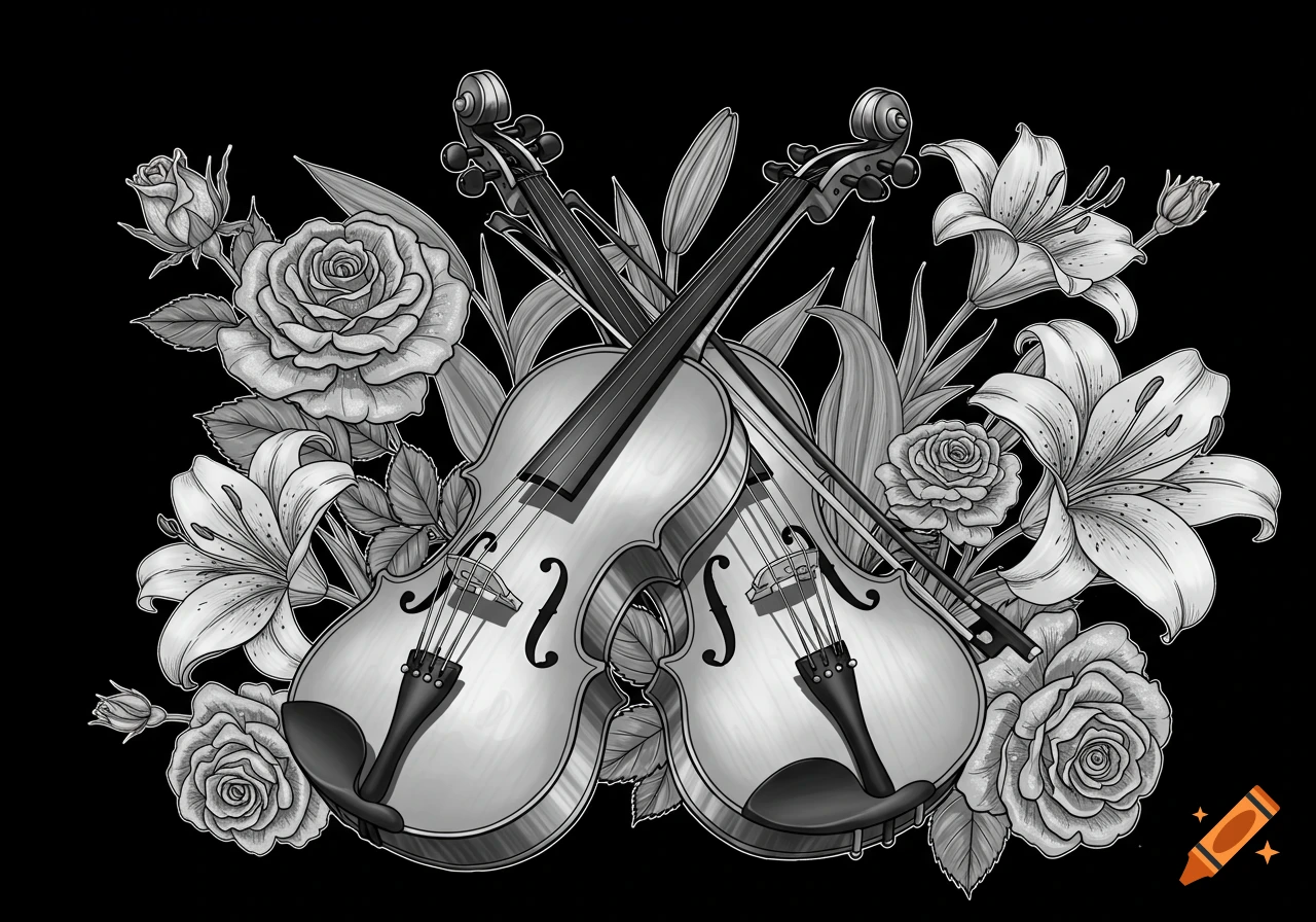 Black and white illustration of two violins crossed, surrounded by detailed roses and lilies against a black background.