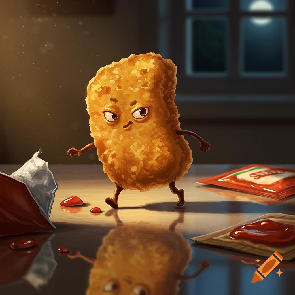 A mischievous, anthropomorphic chicken nugget walks on a reflective table towards ketchup packets, lit by moonlight through a window.