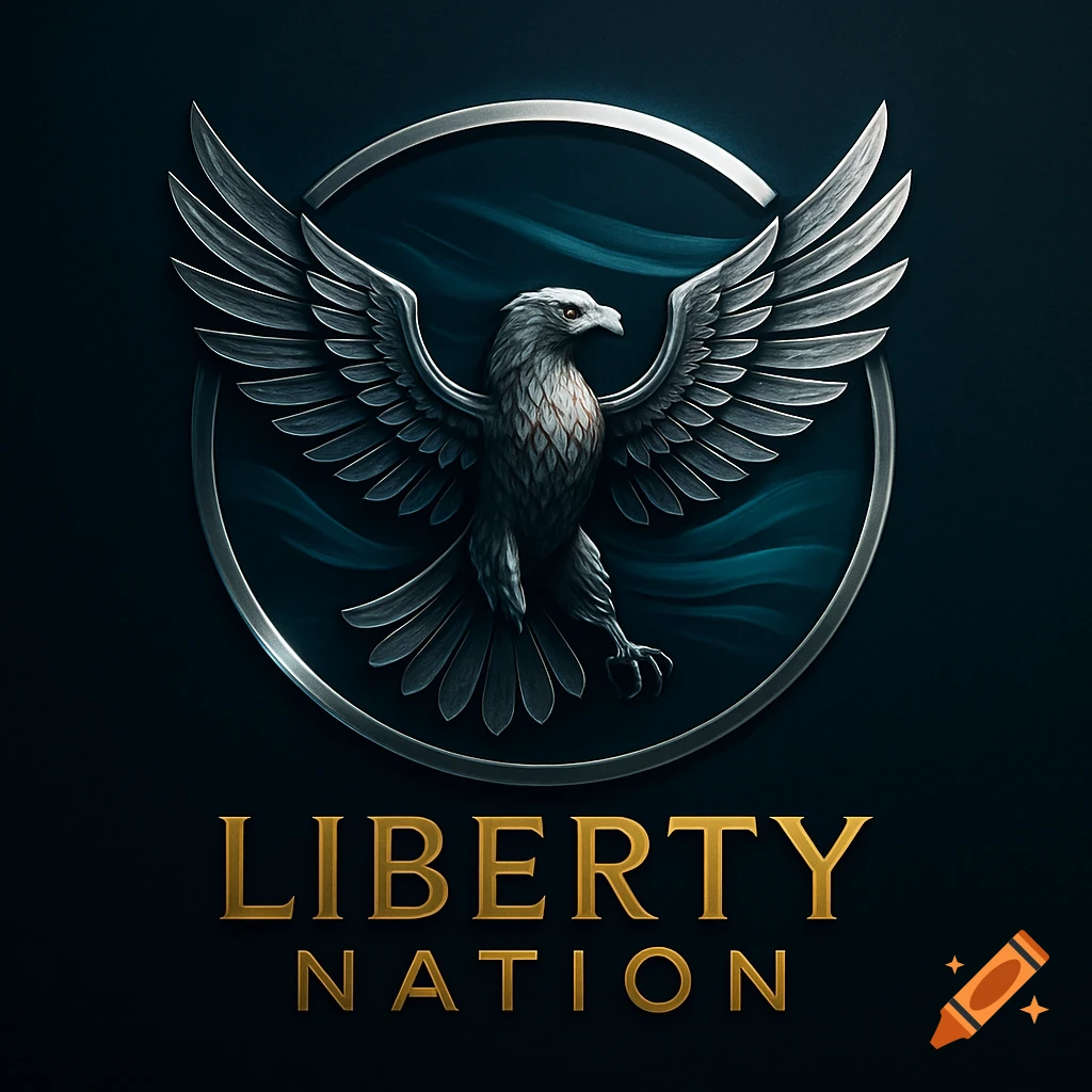 A stylized metallic eagle emblem with outstretched wings within a circular frame, above the golden text 'LIBERTY NATION' on a dark background.