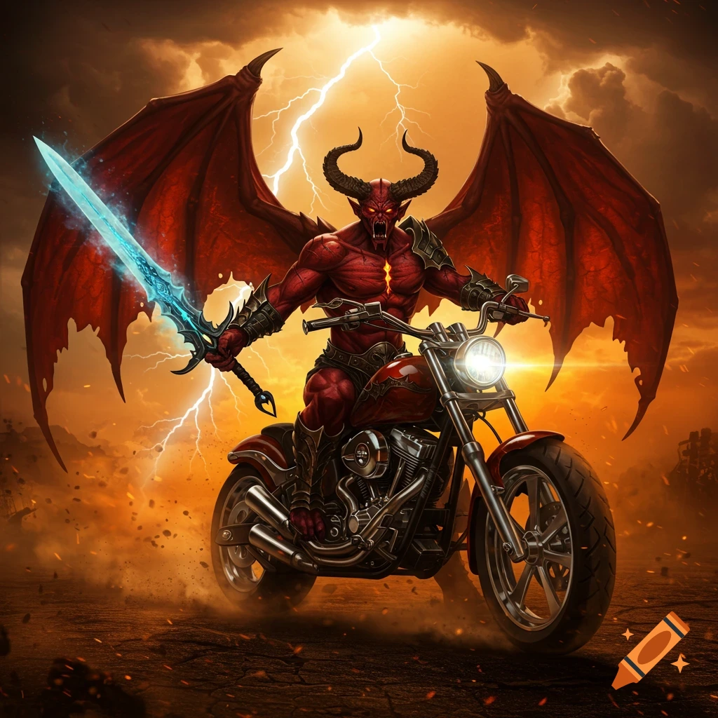 A red-skinned demon with large red wings and horns rides a motorcycle, holding a glowing blue sword, under a stormy, lightning-filled orange sky.