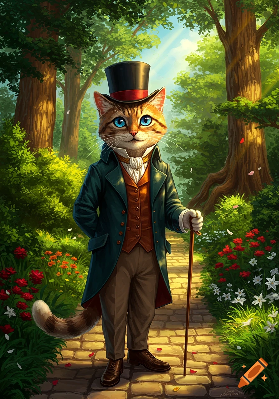 An anthropomorphic cat in a top hat and suit stands with a cane on a stone path in a sunlit forest.