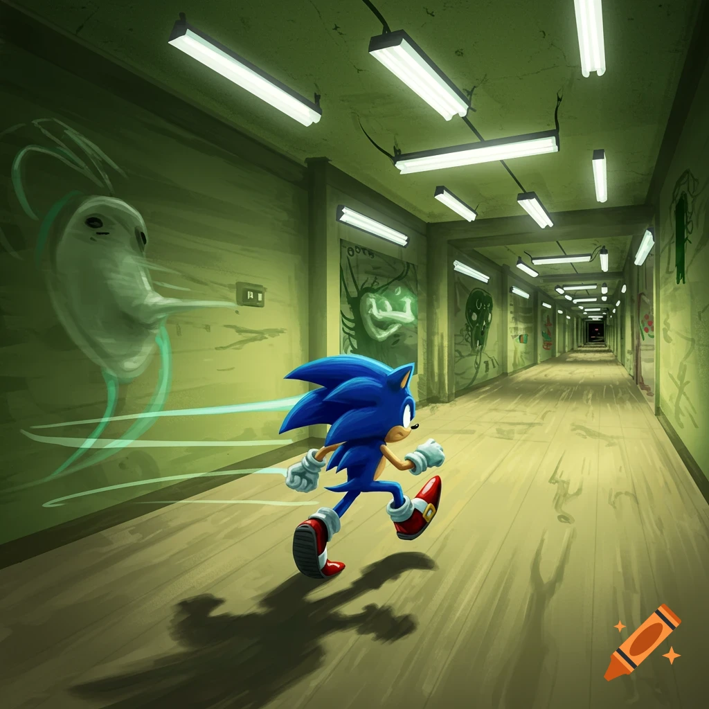 Sonic the Hedgehog runs down a creepy, long green hallway with ghostly figures and fluorescent lights.