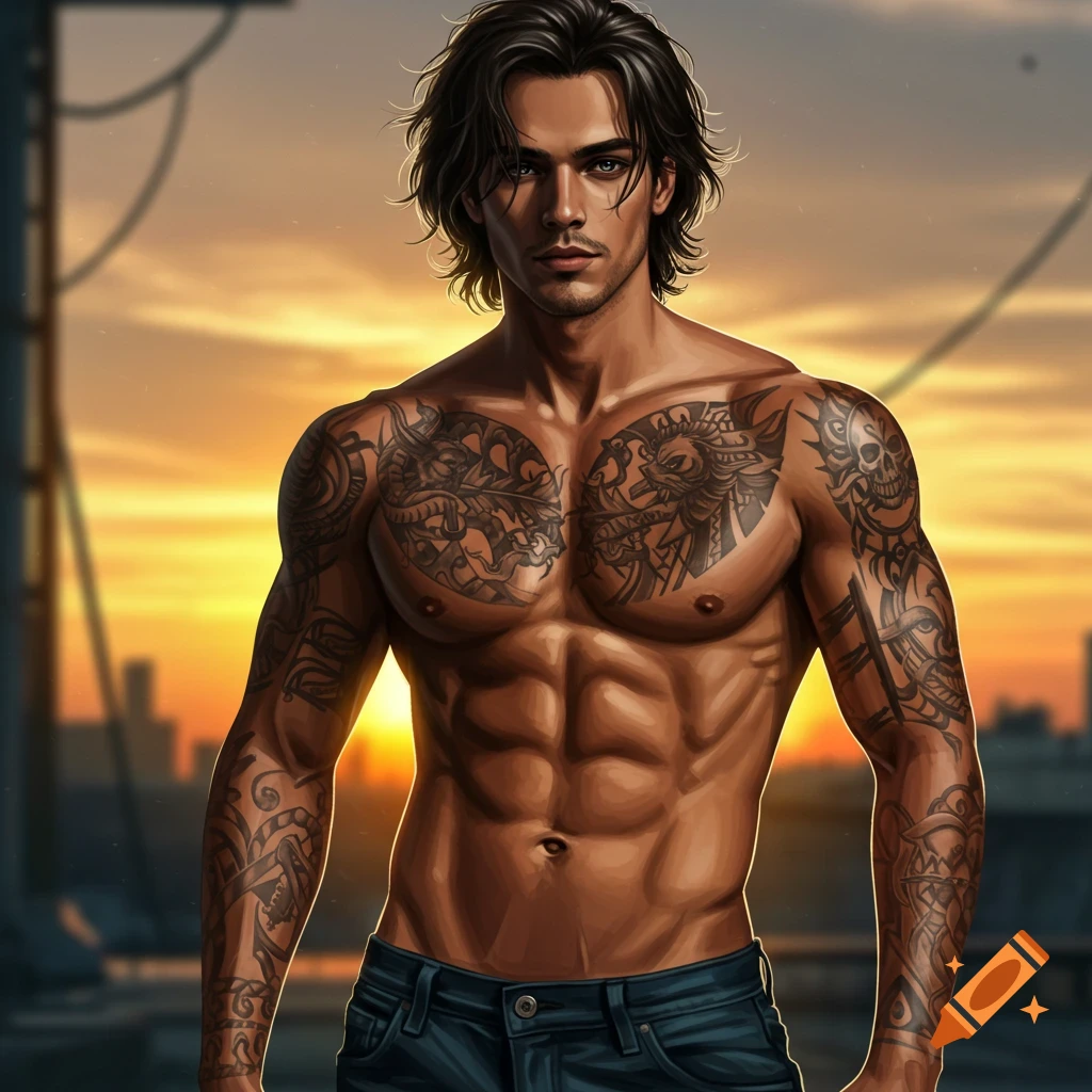 Illustrated muscular man with tattoos and dark wavy hair against a sunset city background.